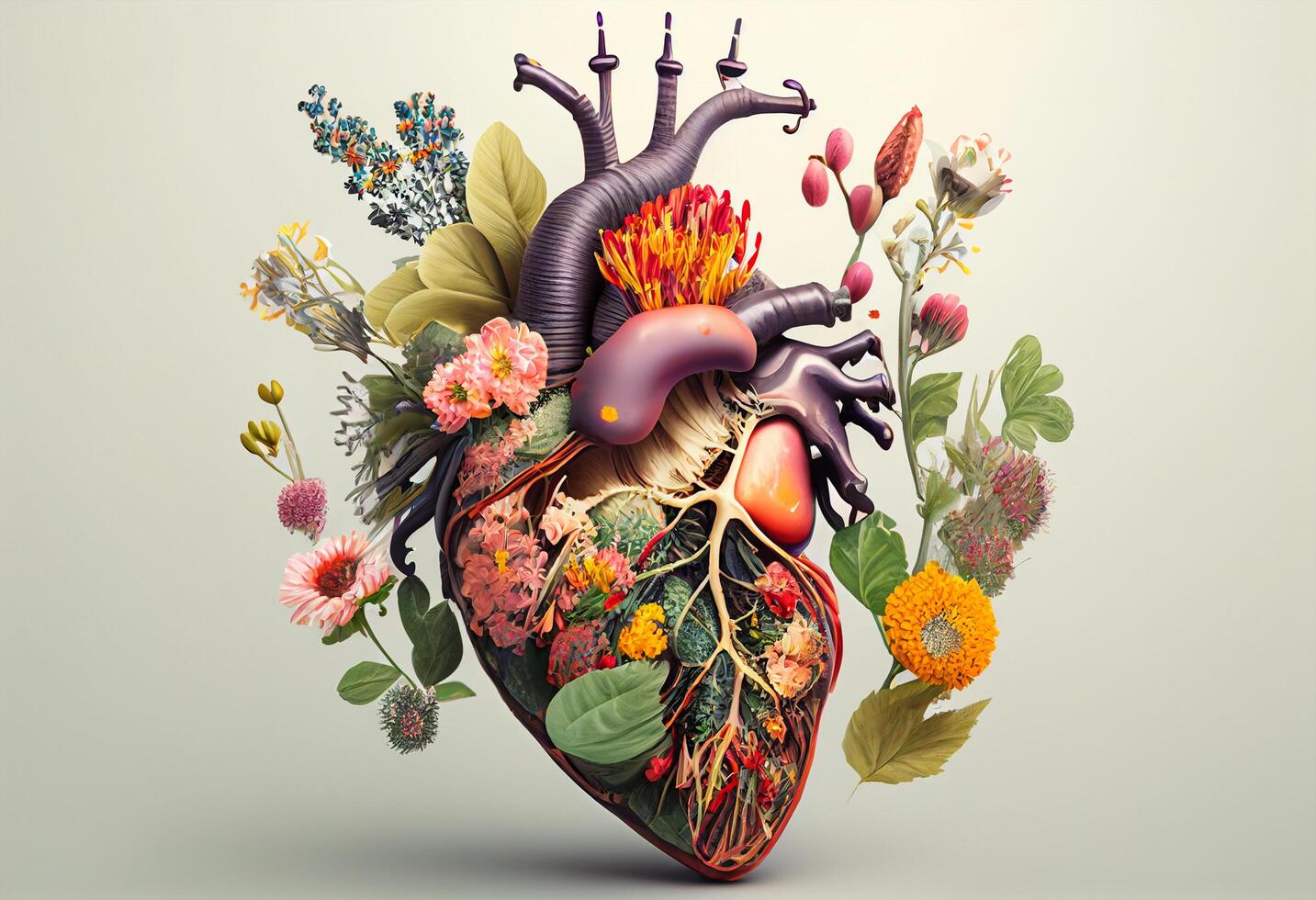 humano corazón con flores y hojas en oscuro antecedentes. 3d ilustración generativo ai foto