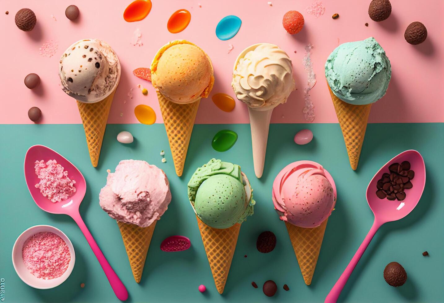 Colorful ice cream scoops in bowls and spoons on pink background photo