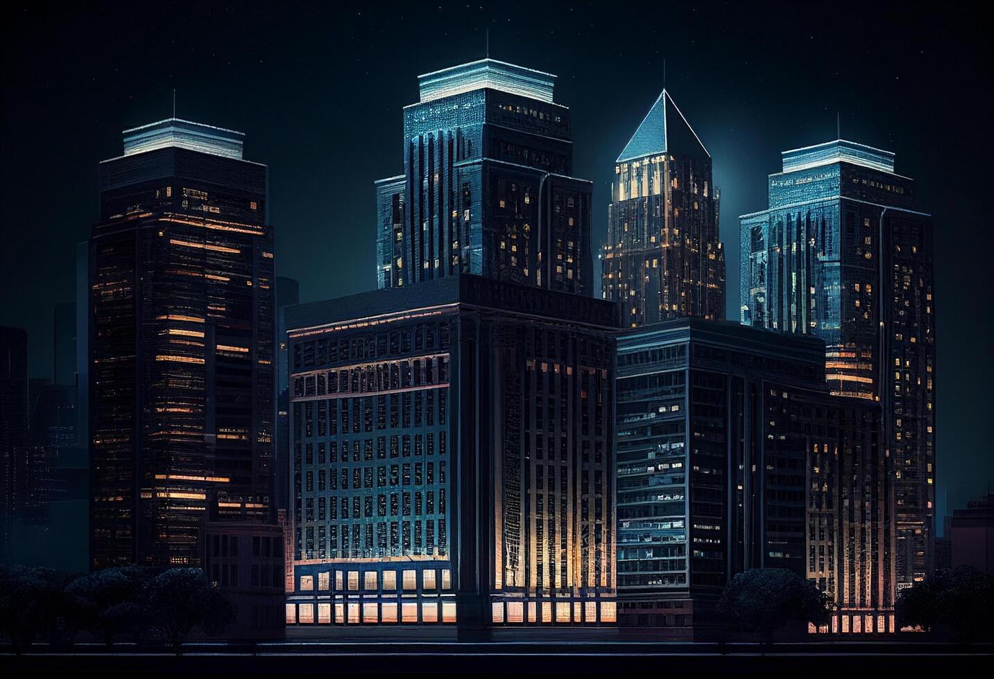 Modern skyscrapers in the city at night. 3D rendering photo