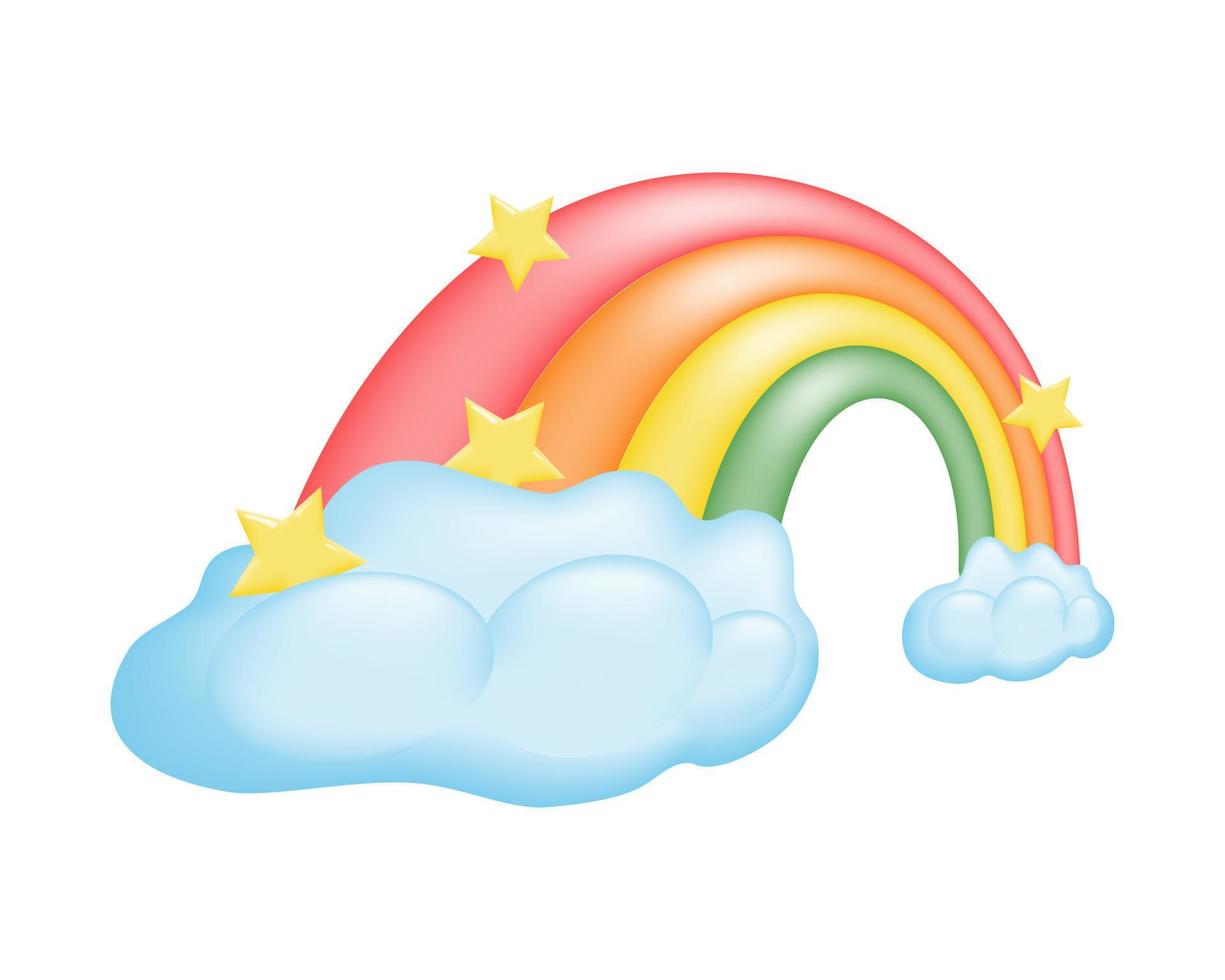 Cute 3D cartoon rainbow illustration with fluffy clouds and stars on a white background. For magic to any project. Vibrant colors and playful design. Vector illustration.