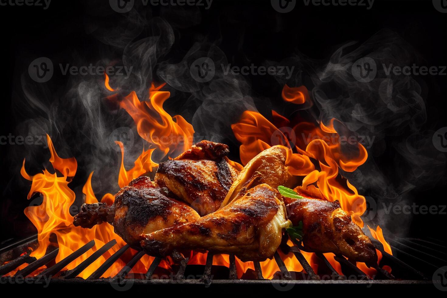 Grilled chicken wings on the grill with flames on a black background photo