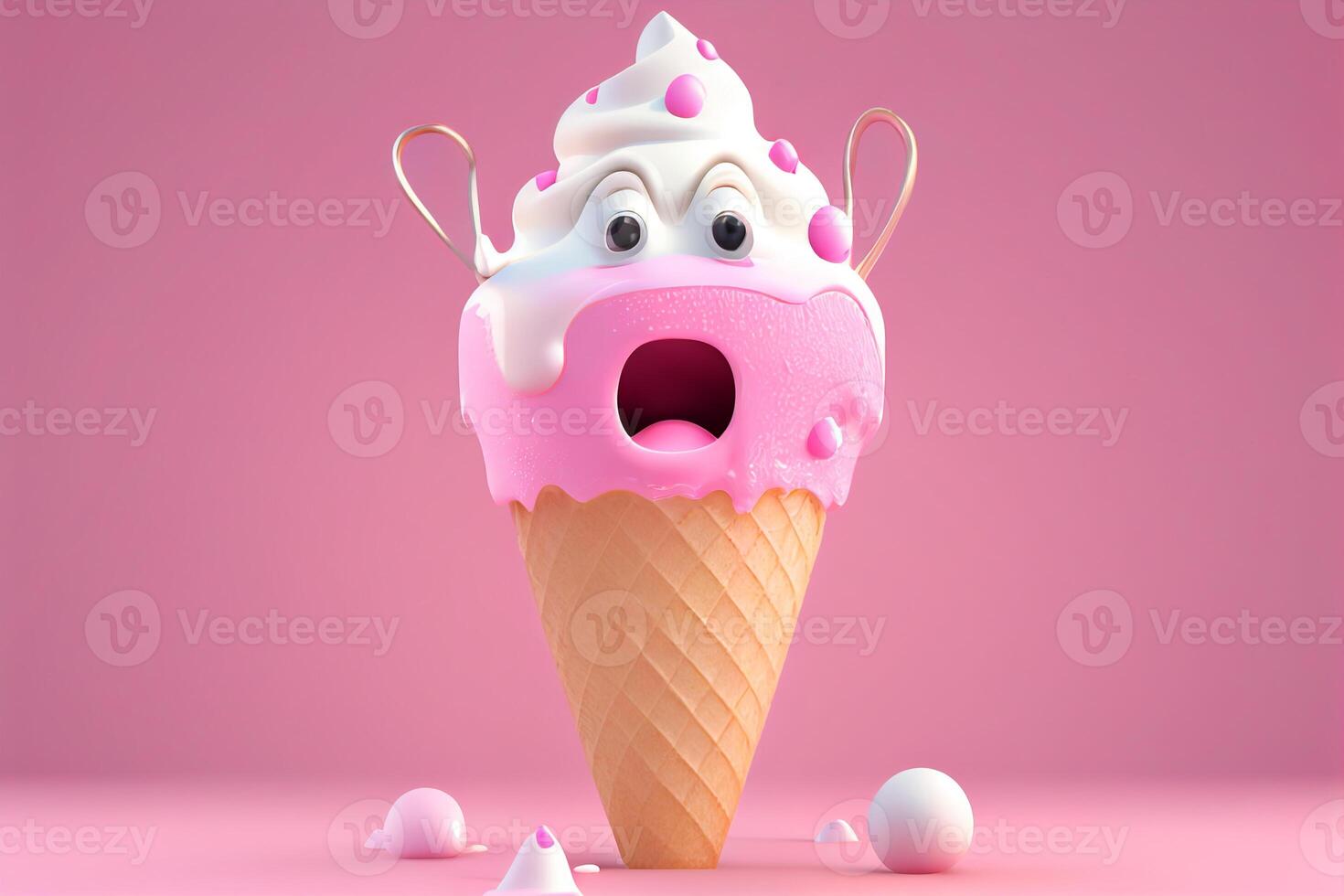 Funny ice cream in waffle cone on pink background. 3d rendering photo