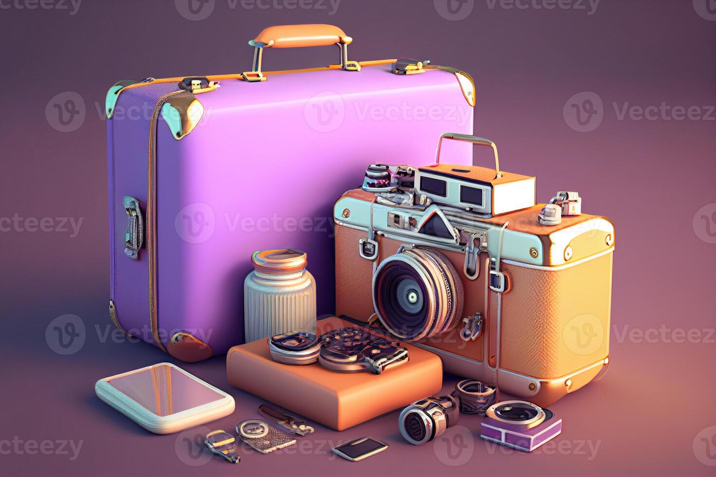 Vintage travel concept with retro camera and suitcase. 3d rendering photo