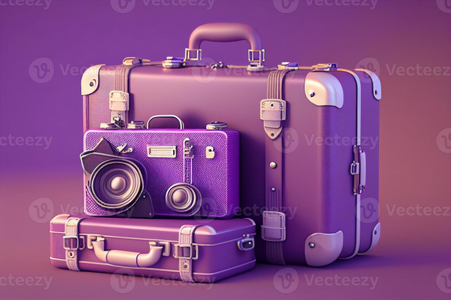 Vintage travel concept with retro camera and suitcase. 3d rendering photo