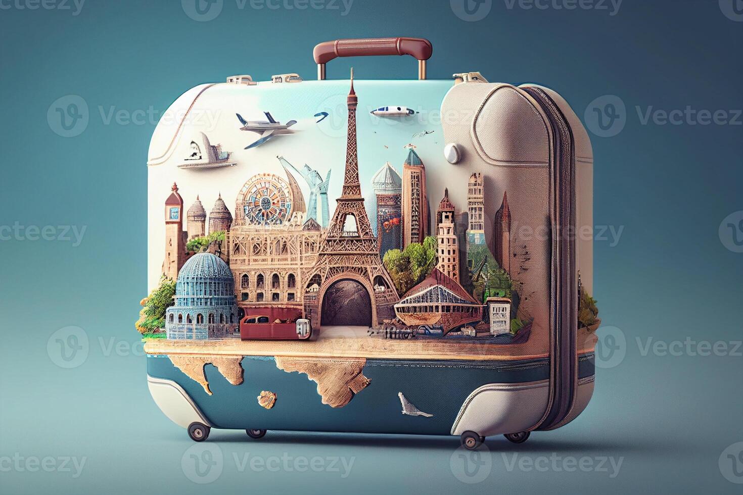 Traveling around the world concept. 3D illustration of a suitcase with a world map, airplane photo