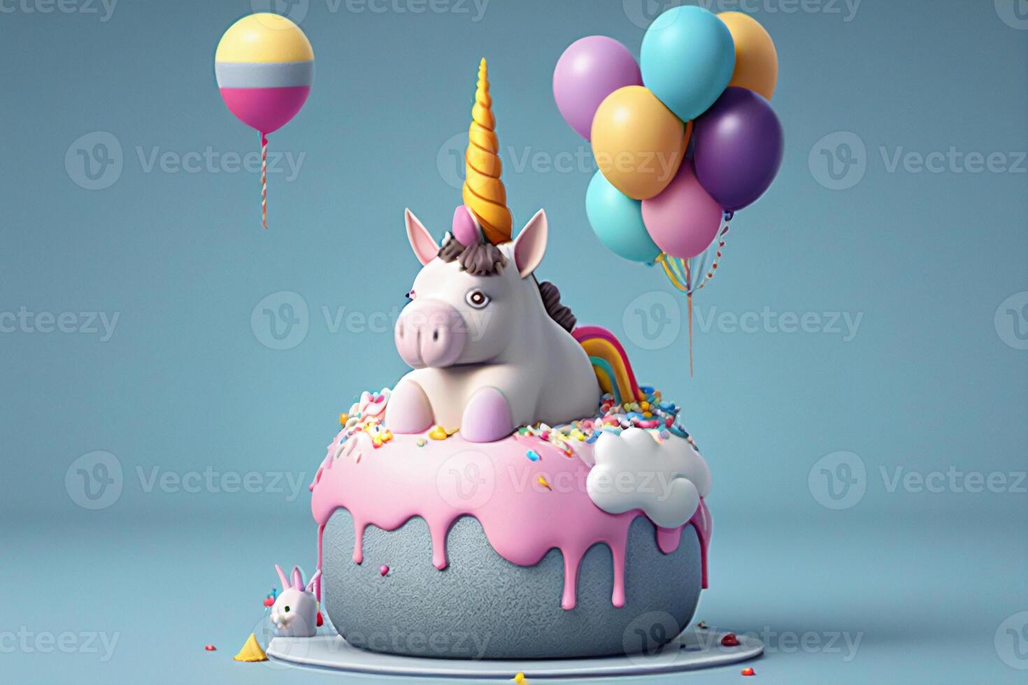 Birthday cake with unicorn and balloons. 3d render illustration. photo