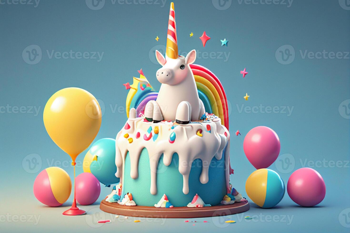 Birthday cake with unicorn and balloons. 3d render illustration. photo