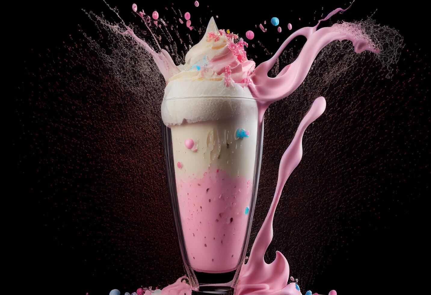 Milkshake with whipped cream and pink splash. 3d rendering photo