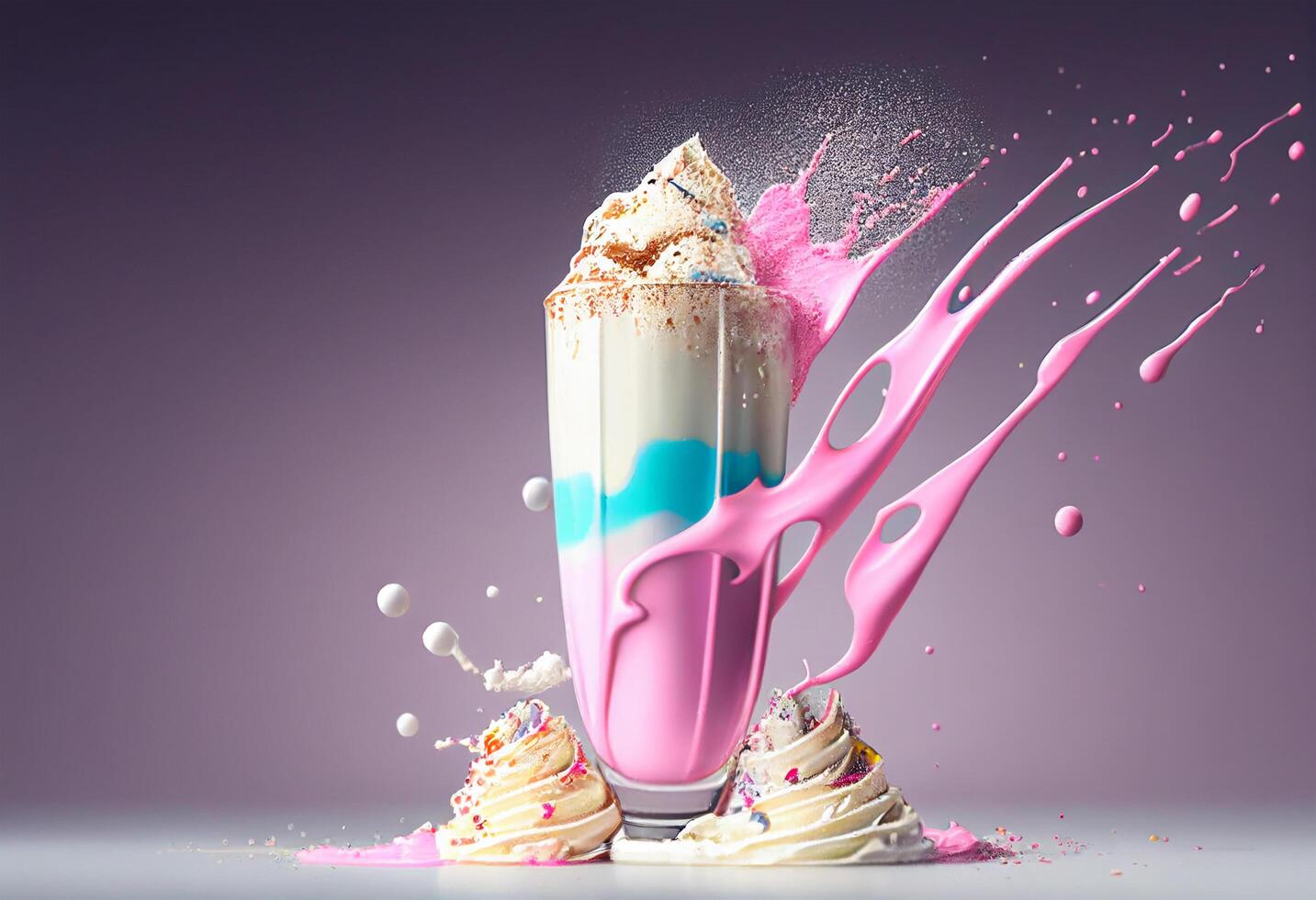 Milkshake with whipped cream and cupcake, 3d rendering photo