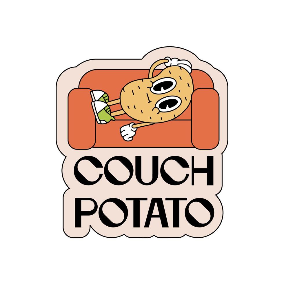 Lazy couch potato retro cartoon character snoozing on a erd sofa with typographic text in 90s vintage style. Hand rdawn vector contour illustration isolated on white.