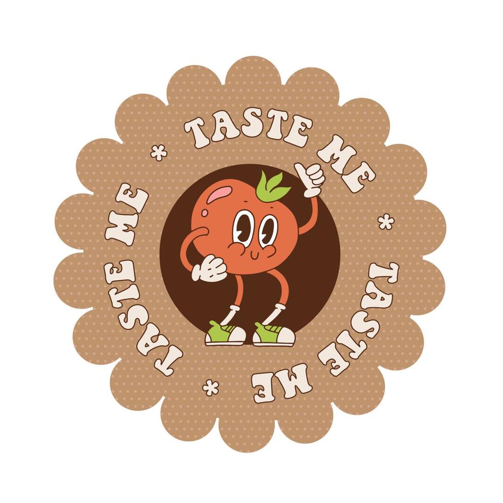 Tomato in retro cartoon style showing thumb gesture. round vintage sticker with text - Taste me. Healthy food vector illustration in contour 70s-80s style.