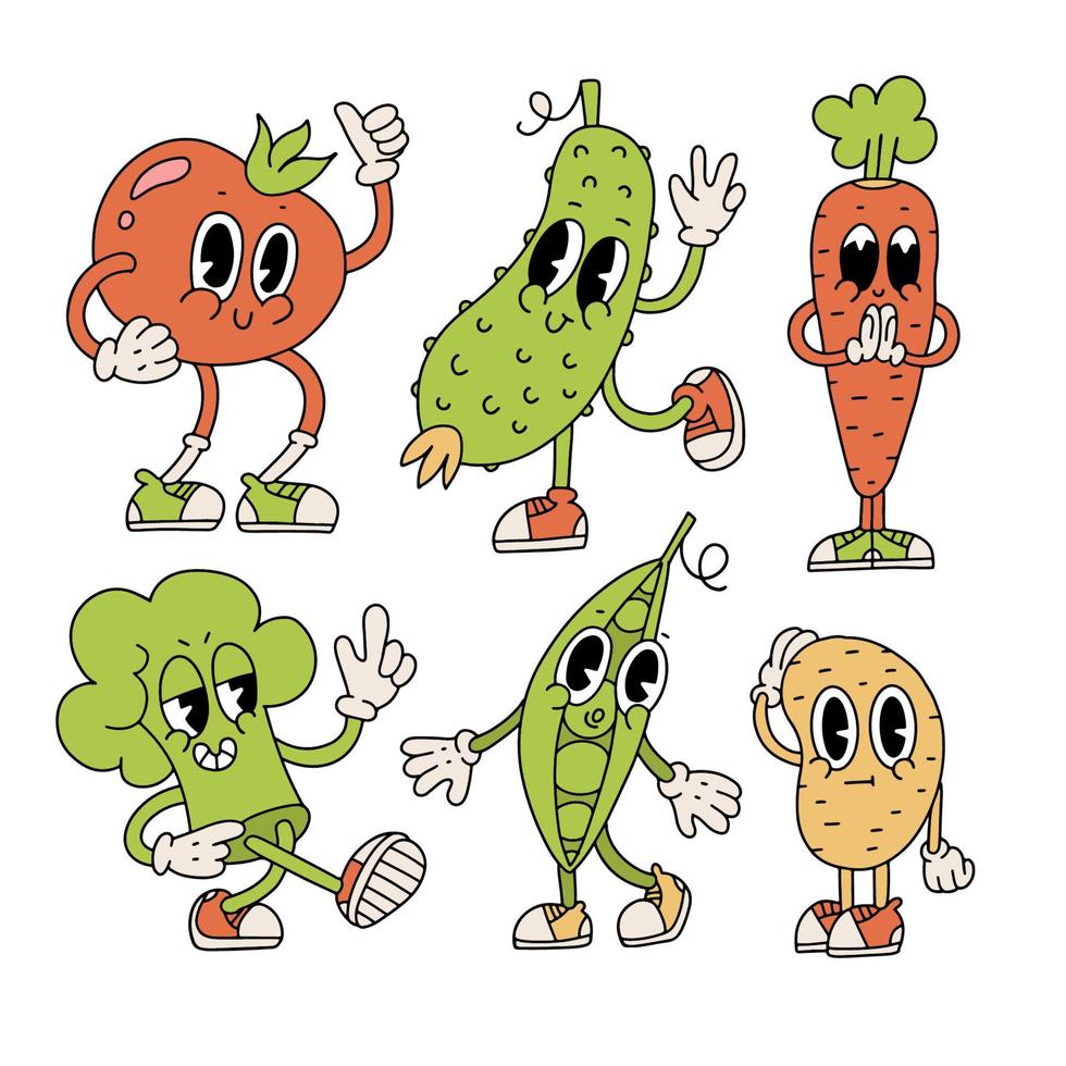 Set of groovy retro cartoon vegetables characters. Collection of cute comics veggie mascots. Hand drawn contour illlstration in 70s retro vibes style. vector