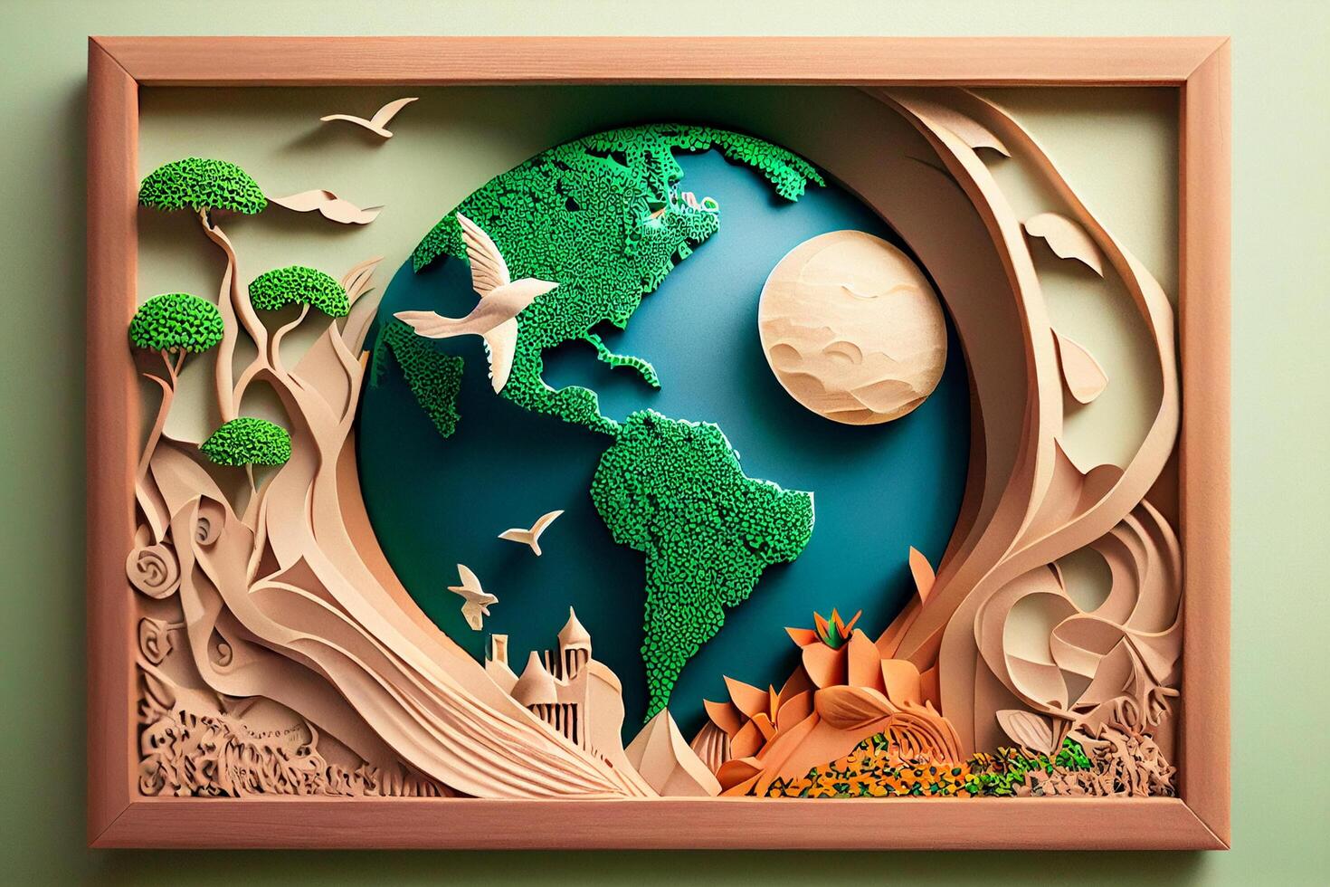 Wooden frame with the image of the planet Earth. 3d rendering photo