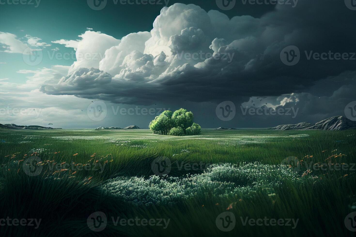 Green field and blue sky with clouds. Nature background. 3d render photo