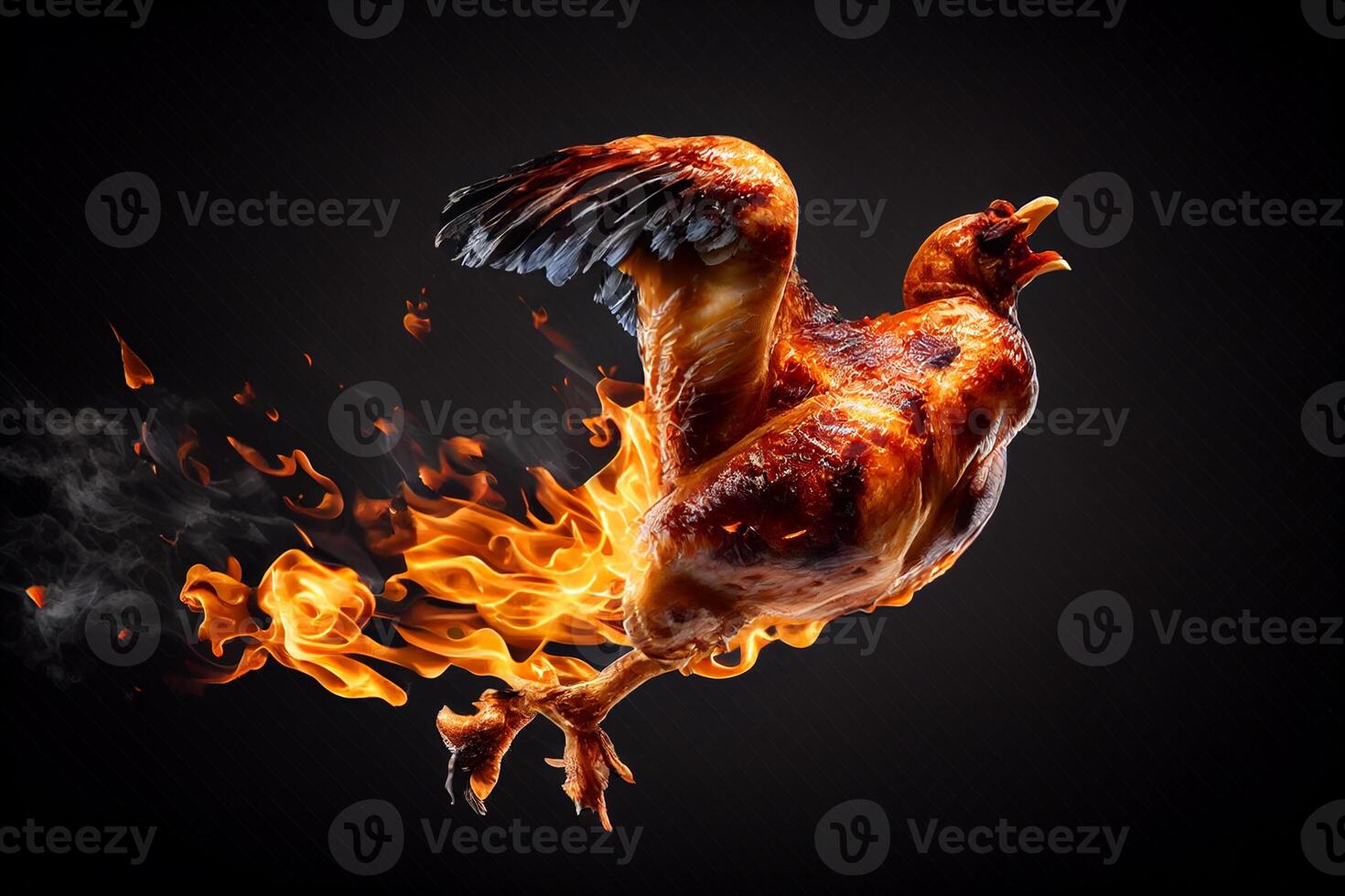 Grilled chicken wings on the grill with flames on a black background photo