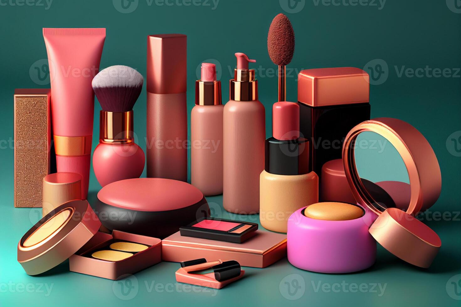 Cosmetic products on green background, 3d rendering. photo