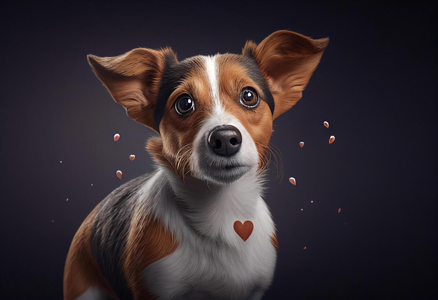 Portrait of a cute dog on a dark background with hearts. photo