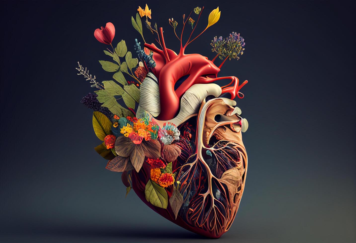 Human heart with flowers and leaves on dark background. 3d illustration photo