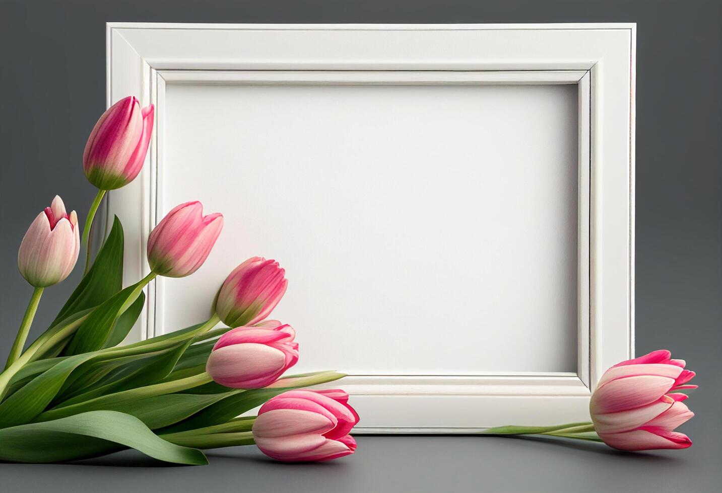 White frame with pink tulips on gray background. Copy space. photo