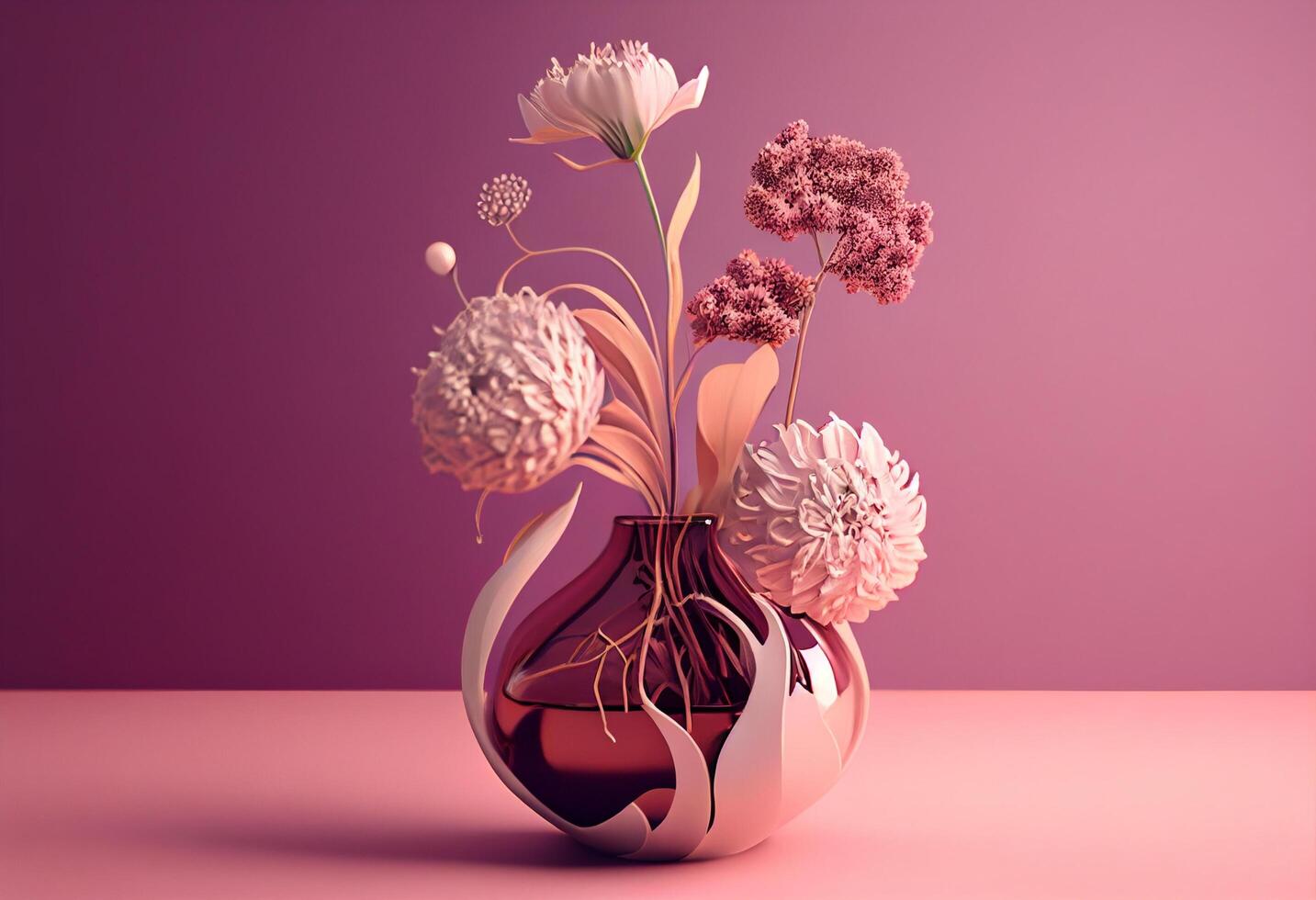 Flowers in a vase on a pink background. 3d rendering photo