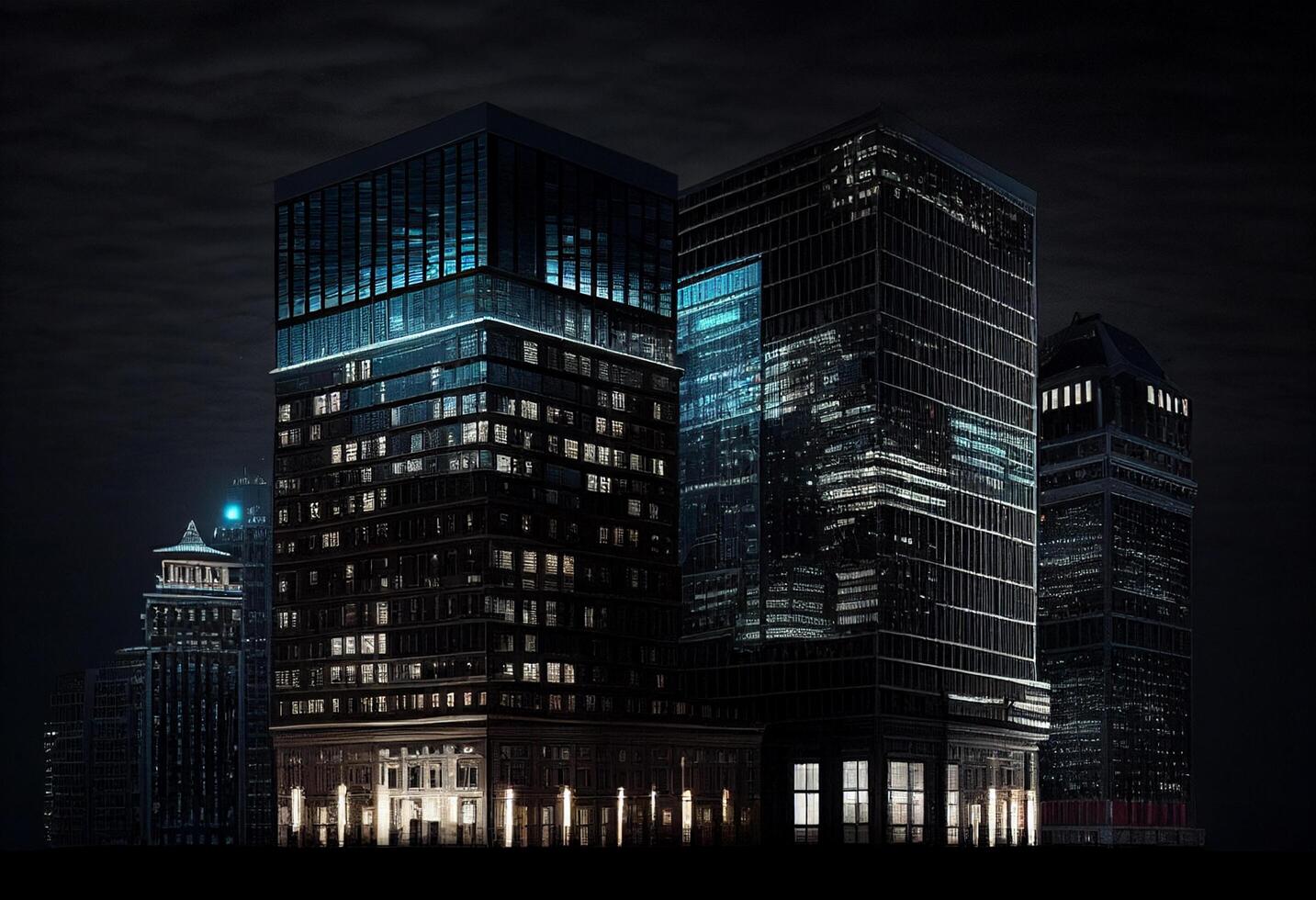 Modern skyscrapers in the city at night. 3D rendering photo