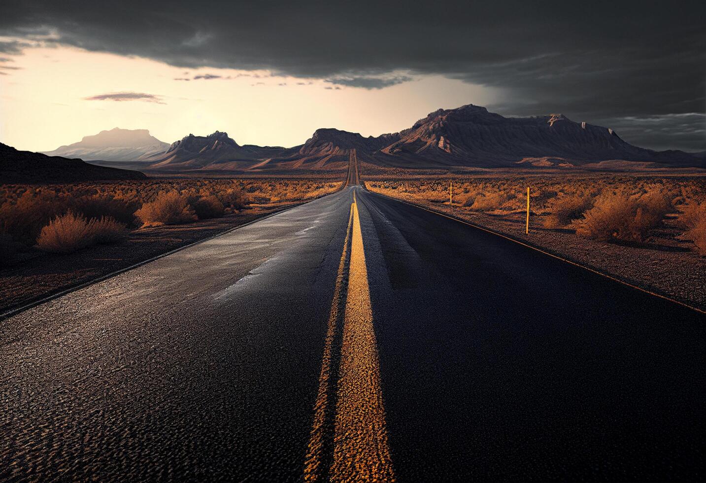 hermosa montaña paisaje con asfalto la carretera y azul cielo. 3d representación generativo ai foto