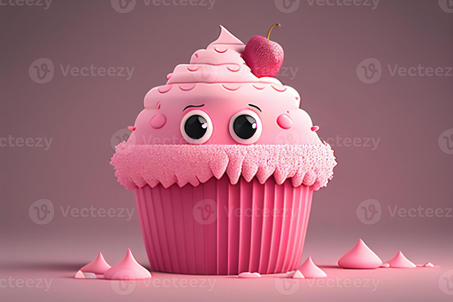 Funny cupcake with face, 3d render, pink background photo