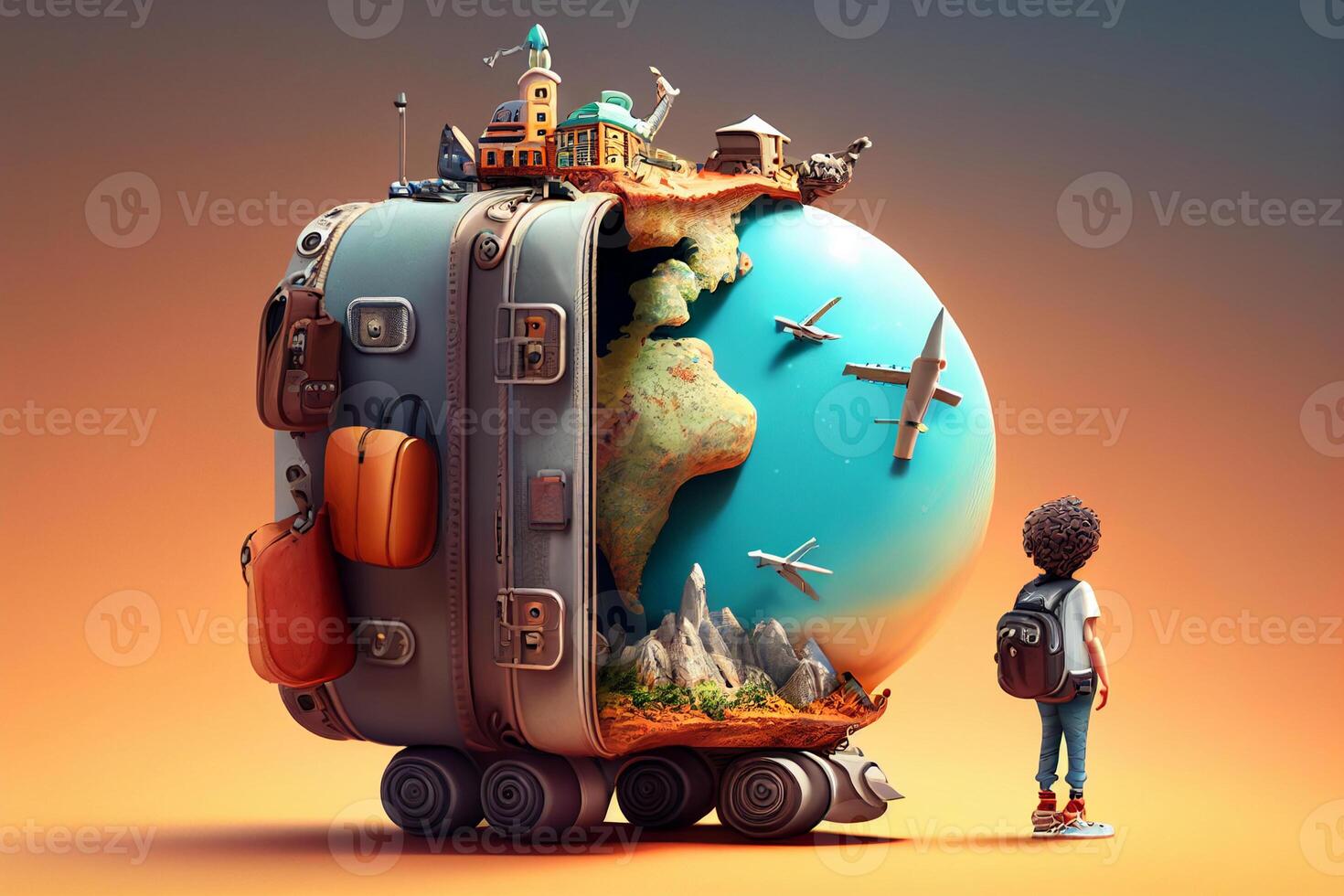 Traveling around the world concept. 3D illustration of a suitcase with a world map, airplane photo