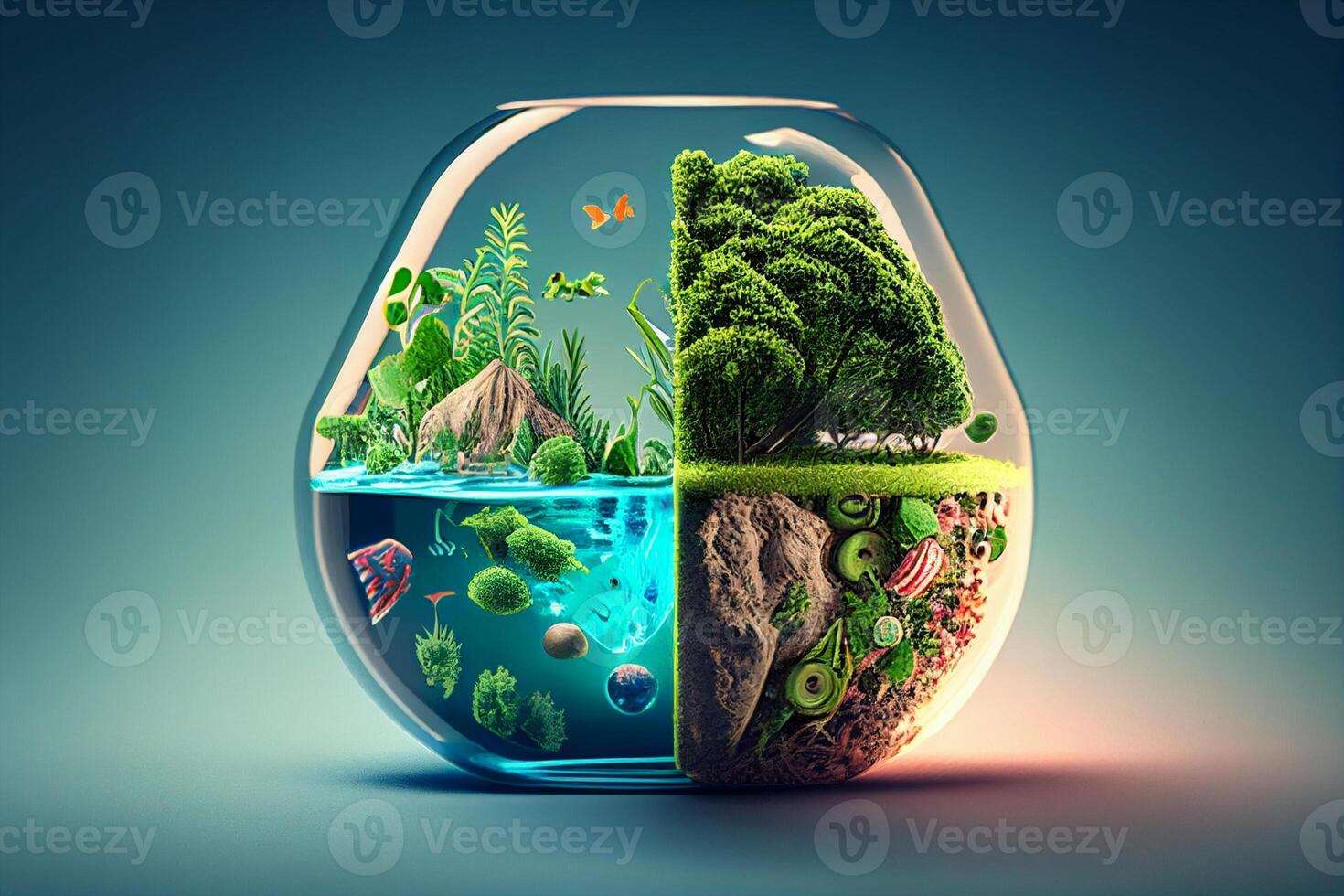 tropical isla en un redondo vaso acuario. 3d representación generativo ai foto