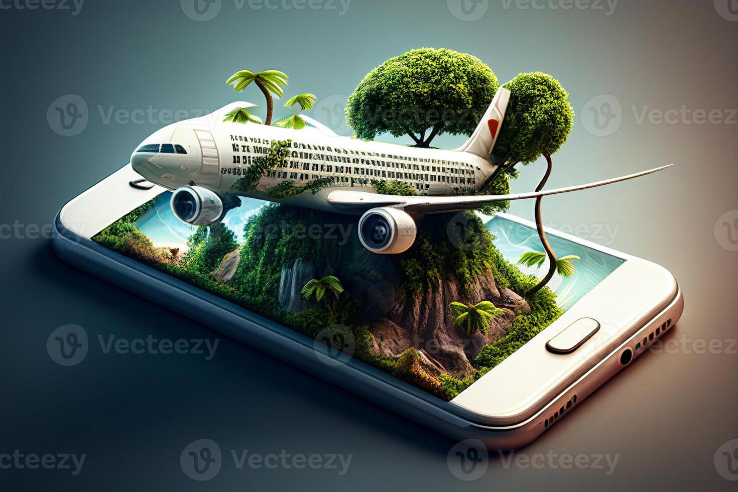 Airplane flying over tropical island with palm trees. 3d rendering photo