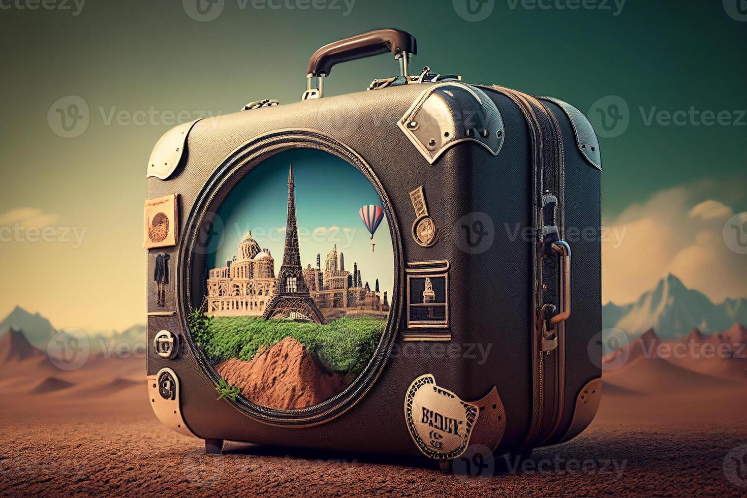 de viaje alrededor el mundo concepto. 3d ilustración de un maleta con un mundo mapa, avión generativo ai foto