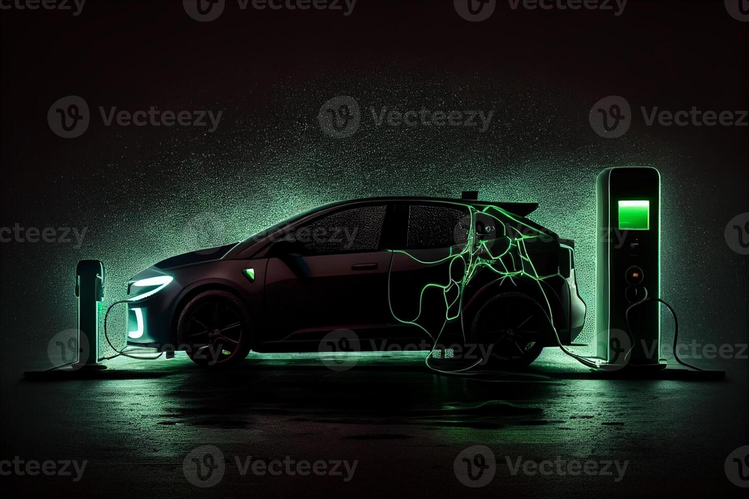 Electric car being charged at a charging station. Electric vehicle charging station on dark toned foggy background photo