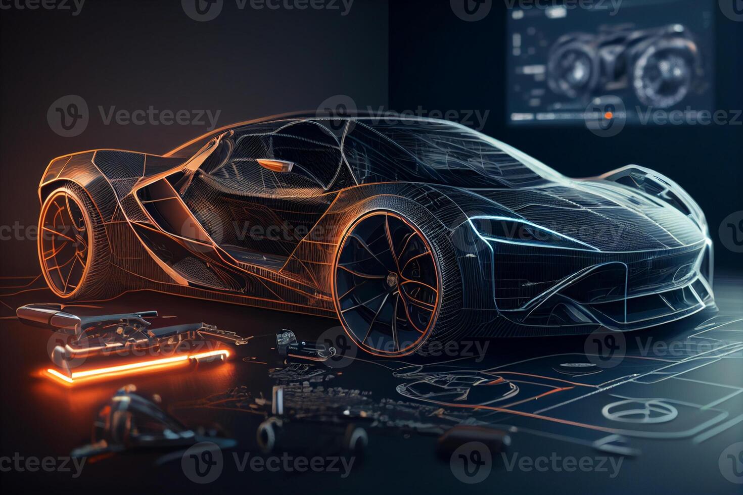 sport car wire model on a black background. 3d rendering photo