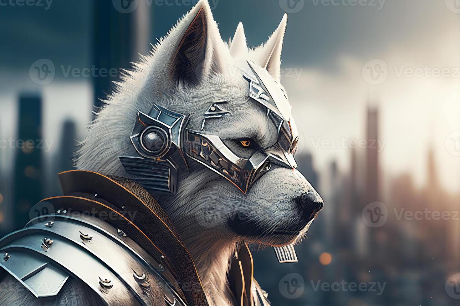 Portrait of a powerful wolf in a futuristic space suit. photo