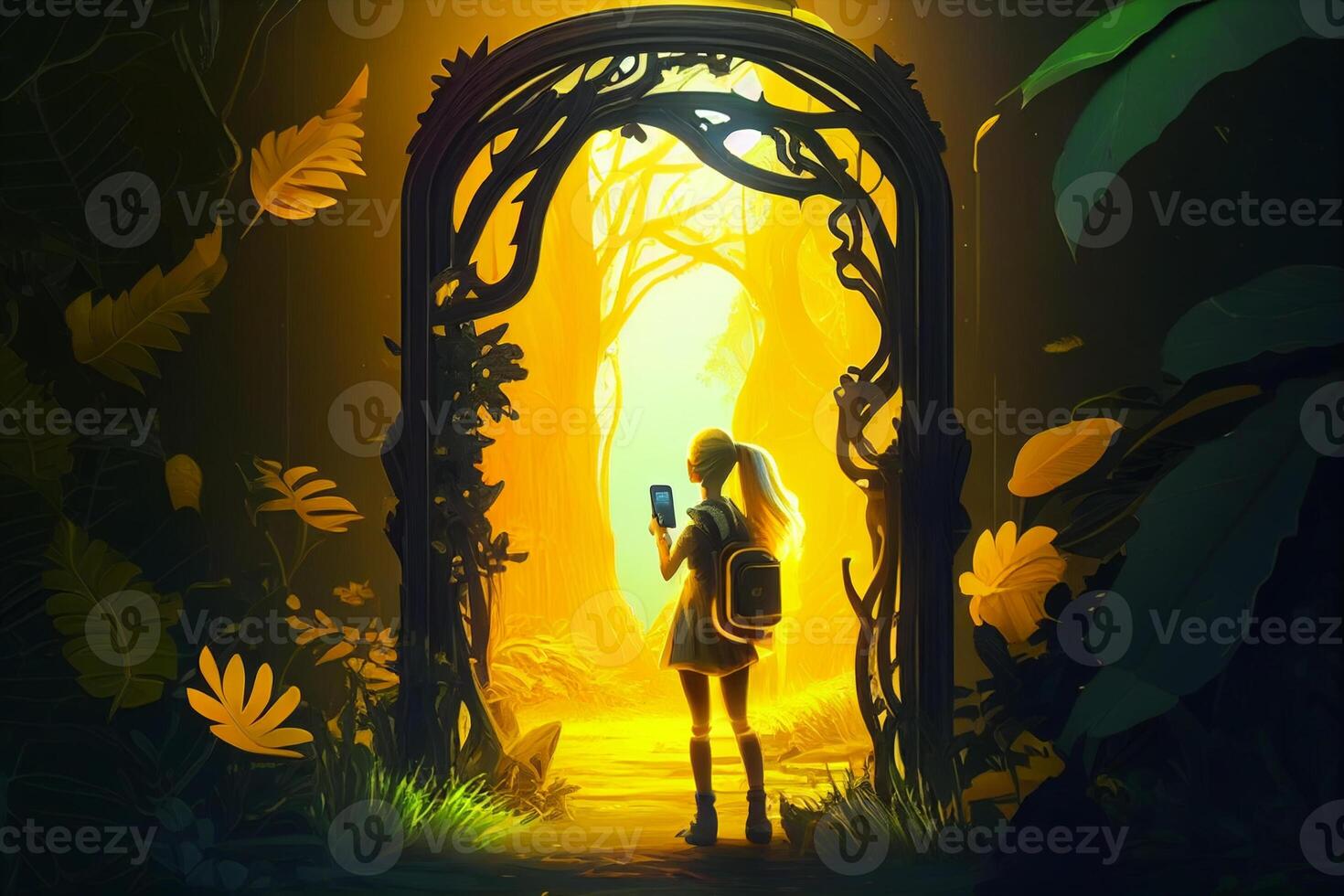 Little girl in a dark forest with a flashlight. 3D rendering photo