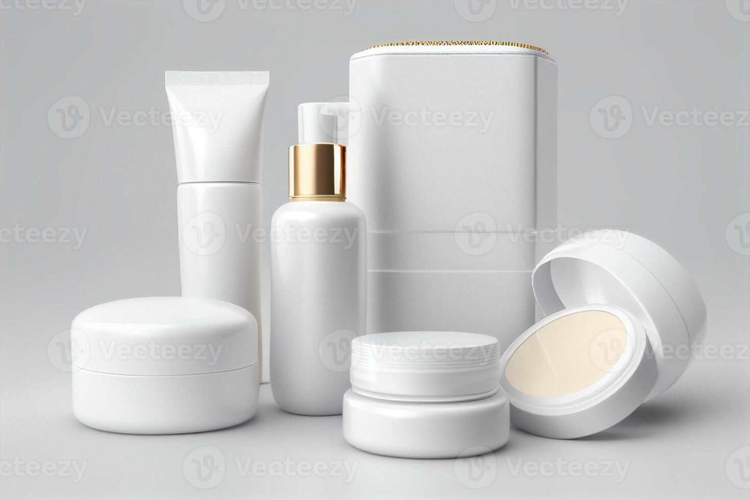 Set of white cosmetic products on a gray background. 3d rendering photo