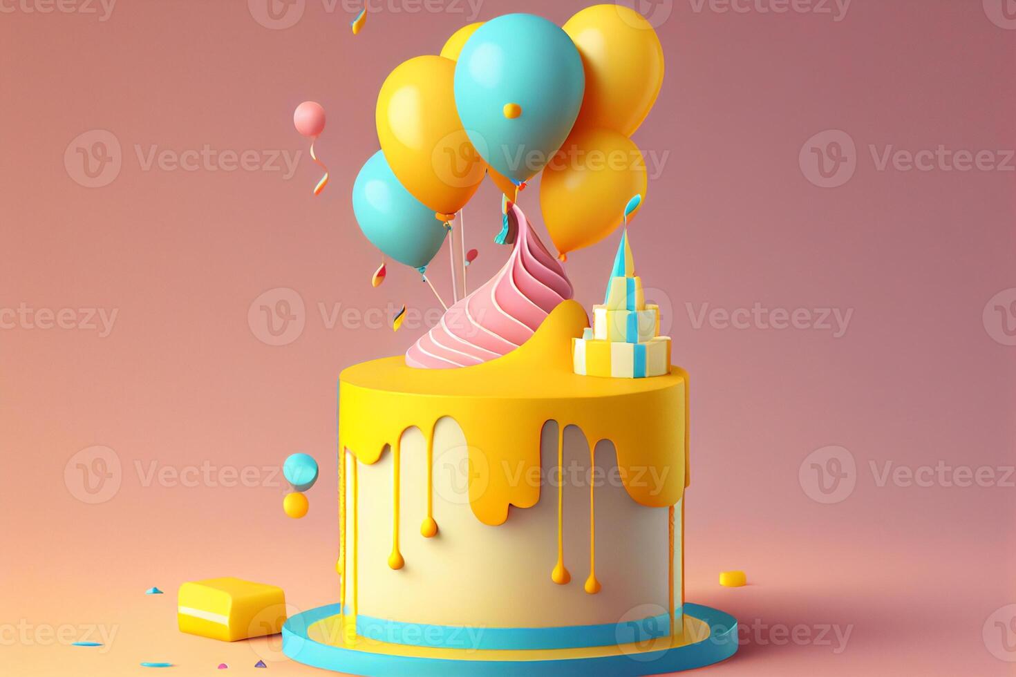 Colorful Birthday cake with balloons 3d illustration. photo