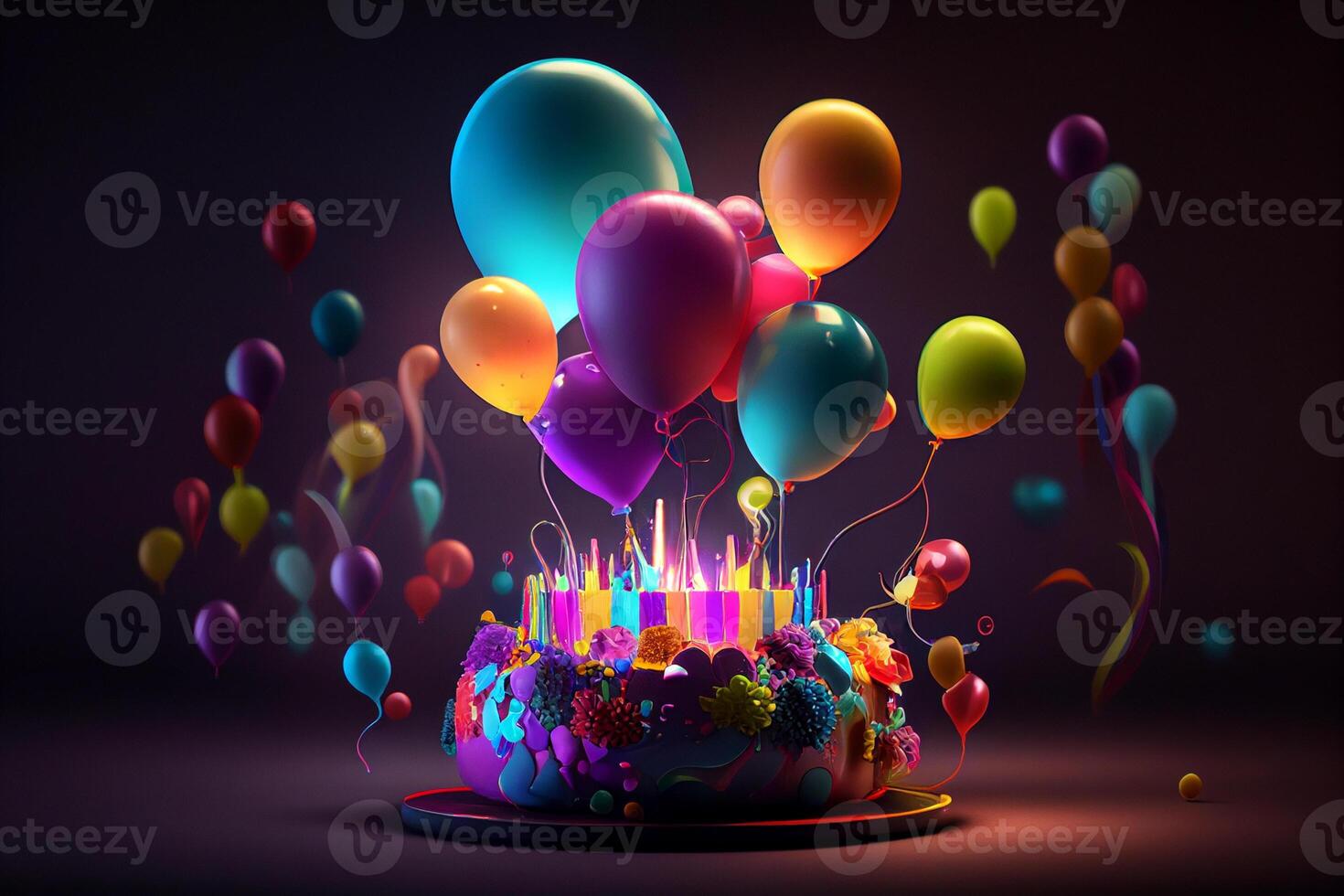 3D Birthday cake with flowers with colorful balloons, . 3d rendering photo