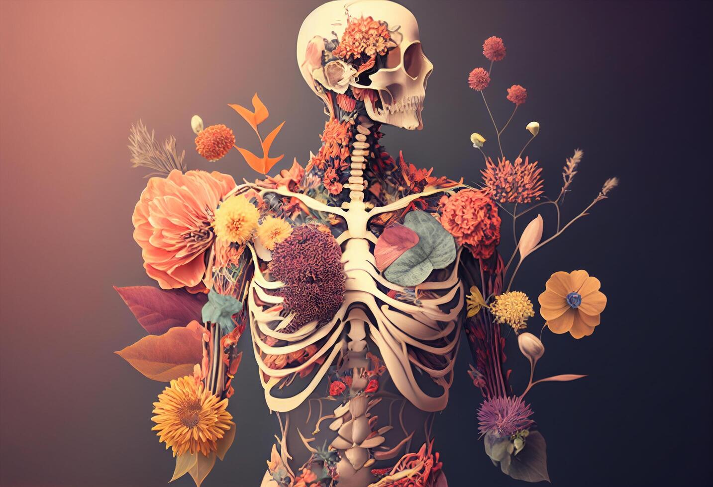 humano cuerpo esqueleto anatomía con flores y plantas. 3d ilustración. tonificado generativo ai foto