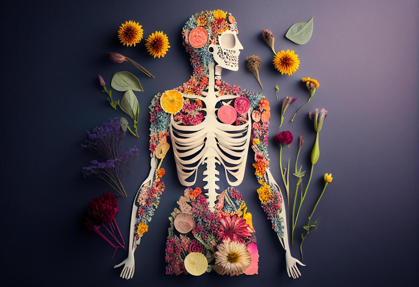 Human body skeleton anatomy with flowers and plants. 3D illustration. Toned. photo