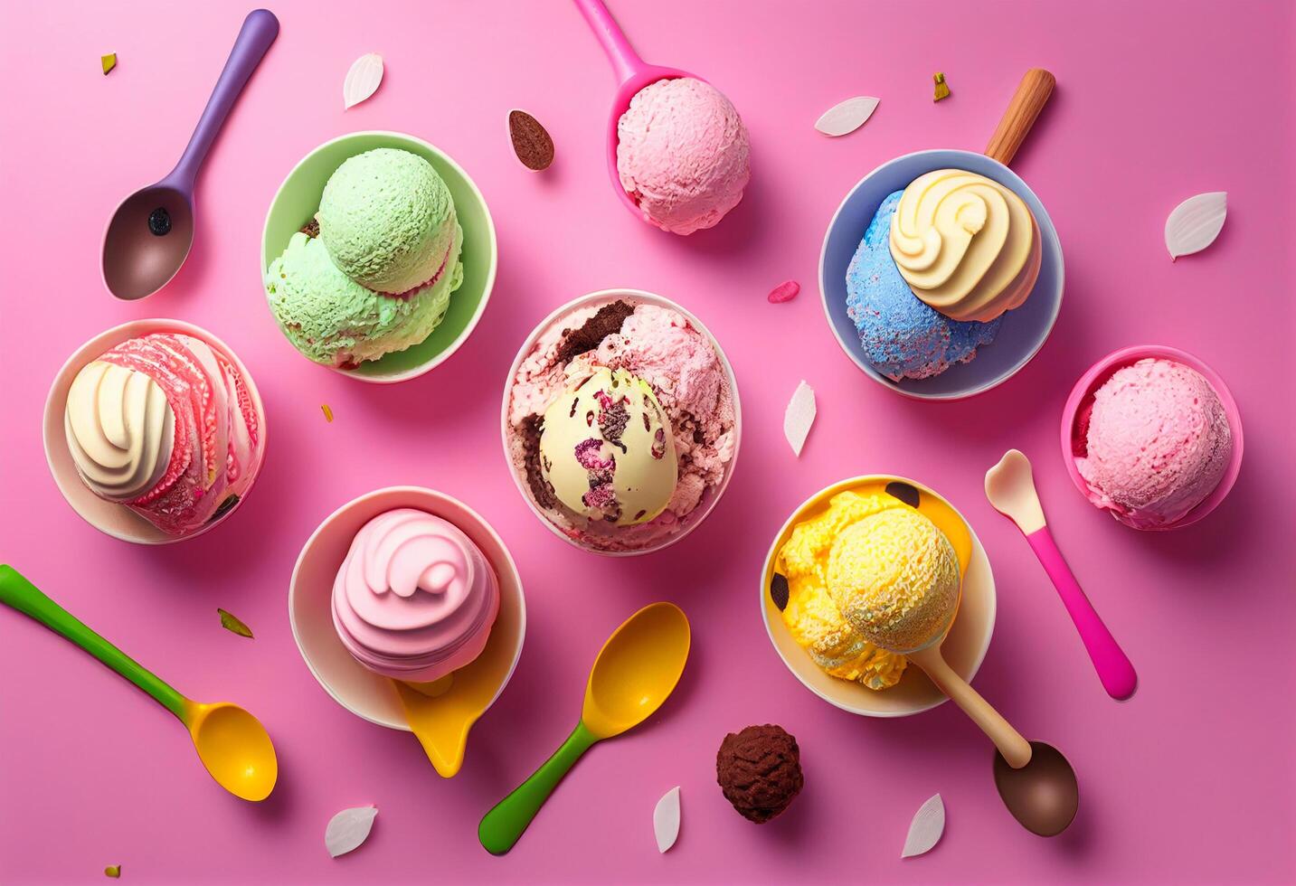 Colorful ice cream scoops in bowls and spoons on pink background photo