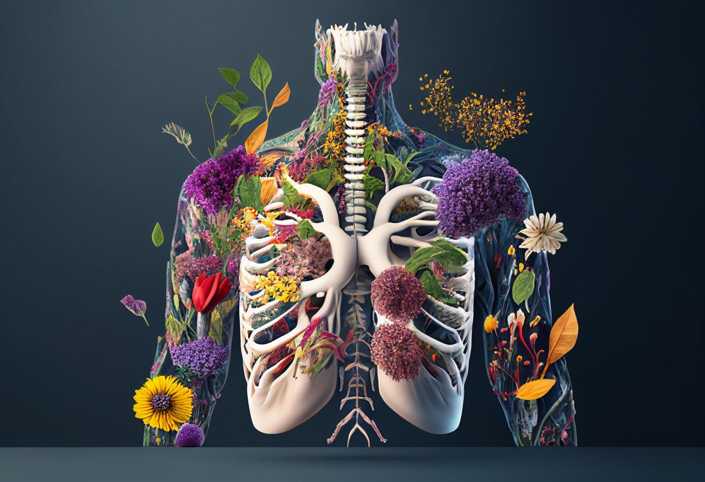 Human body skeleton anatomy with flowers and plants. 3D illustration. Toned. photo