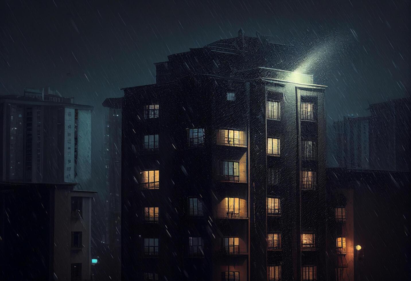noche paisaje urbano con antiguo edificio y que cae lluvia. 3d representación generativo ai foto