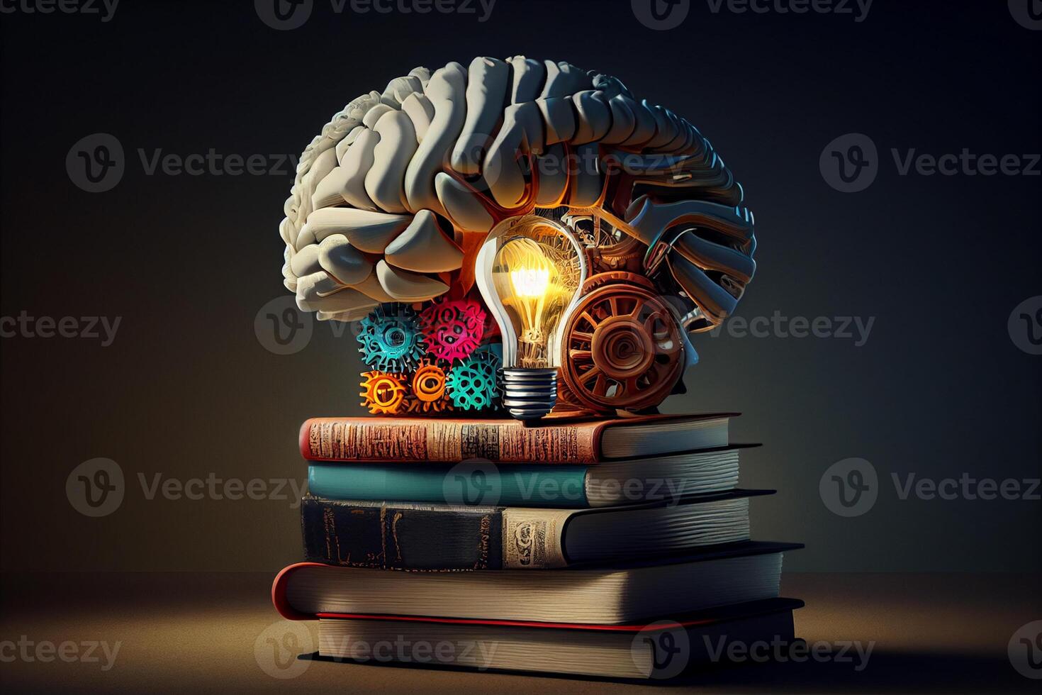 Education concept. Stack of books with brain and gears. 3d illustration photo