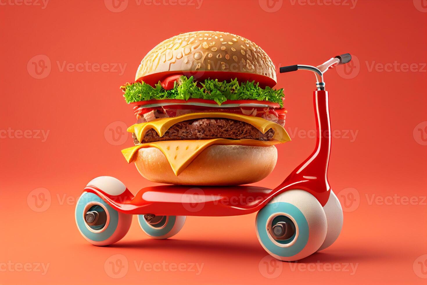 embaucador con scooter aislado en rojo antecedentes. 3d ilustración generativo ai foto