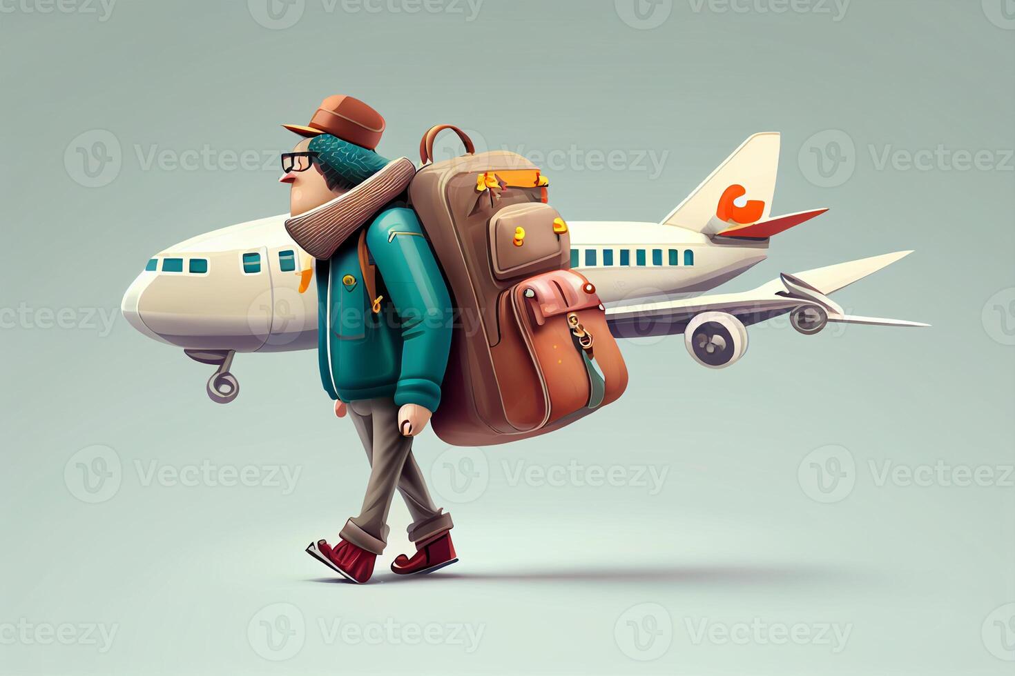 Traveler with a suitcase walking on the runway. 3D rendering photo