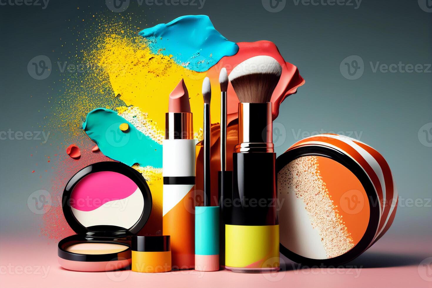 Makeup brushes and cosmetics on a background of colorful balls. 3d rendering photo