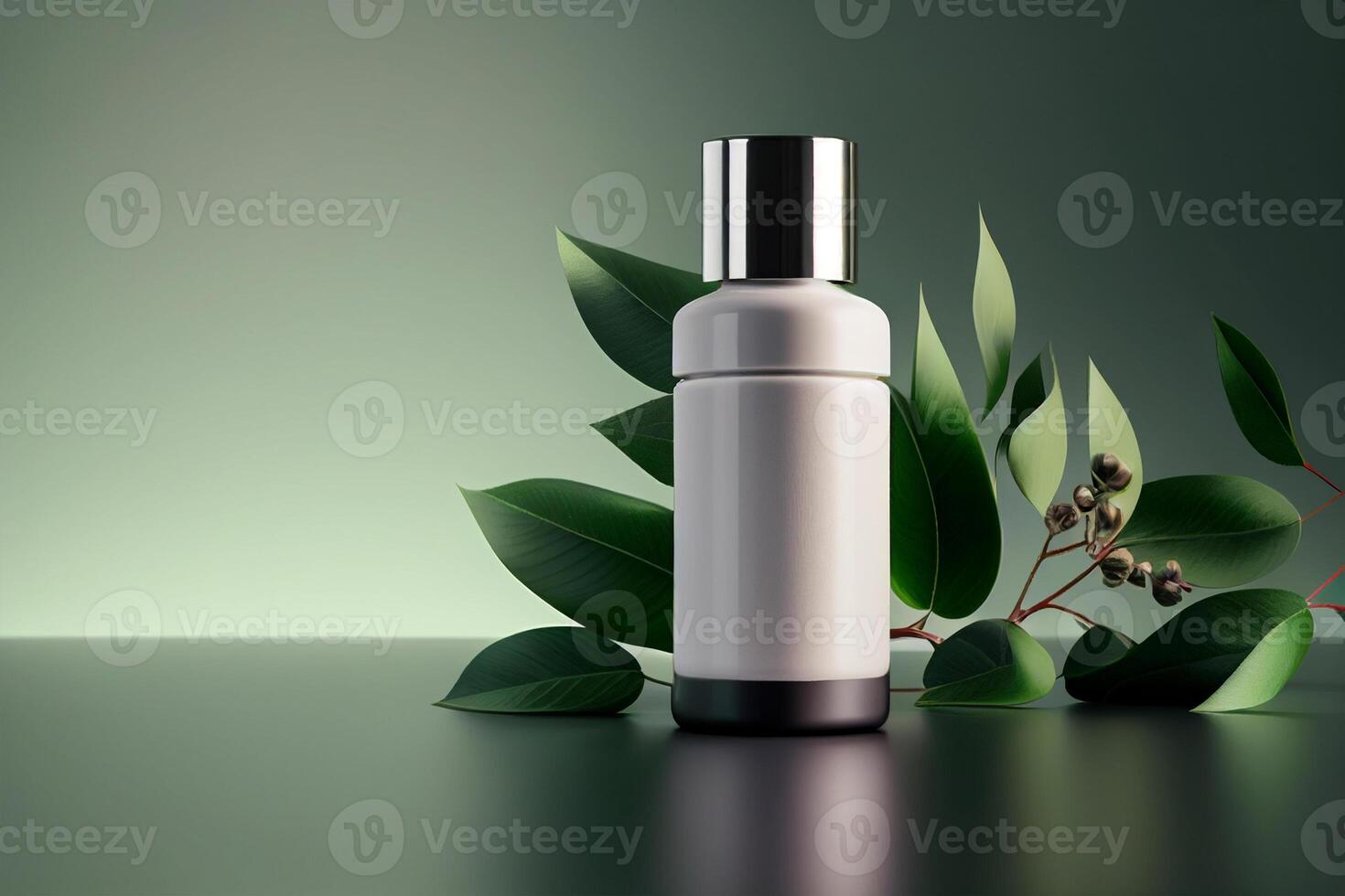 Cosmetic products on green background, 3d rendering. photo