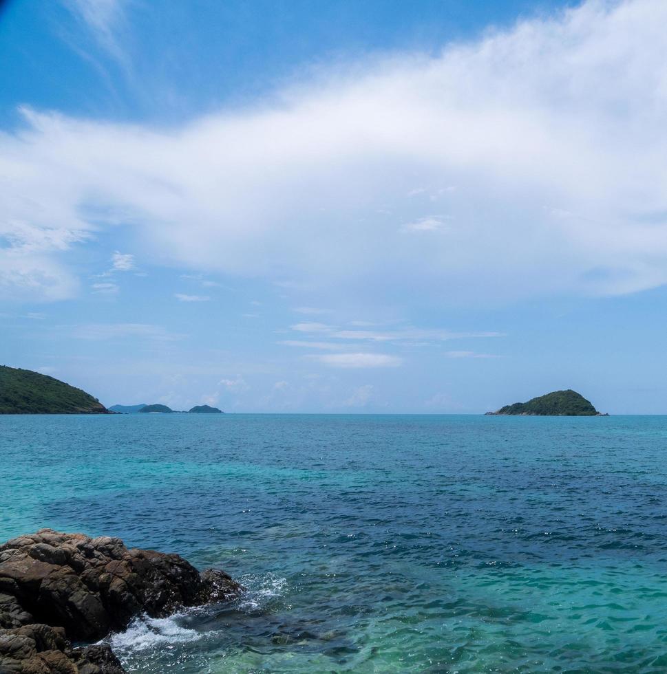 Landscape summer front view  tropical sea beach rock blue white sand background calm Nature ocean Beautiful wave crash splashing water travel Nang Ram Beach East thailand Chonburi Exotic horizon. photo