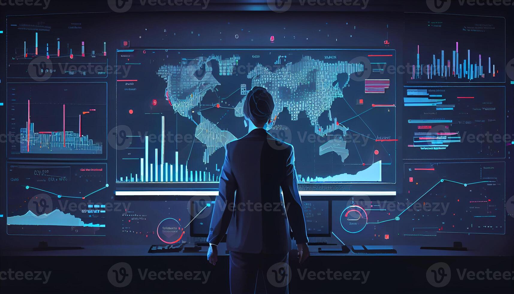 Back view of analyst working in young Businessman Line chart realistic Image photo